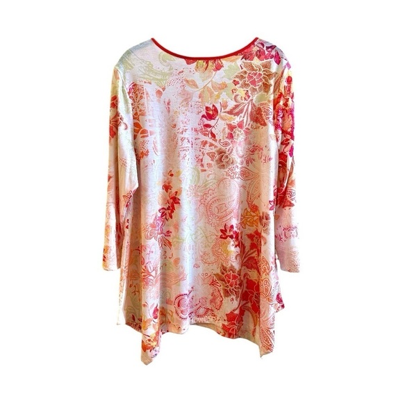 ONE WORLD, WOMENS, FLORAL TUNIC TOP. OPEN CUTOUT AT NECK, 3/4 SLEEVE. SIZE XL - Picture 4 of 7